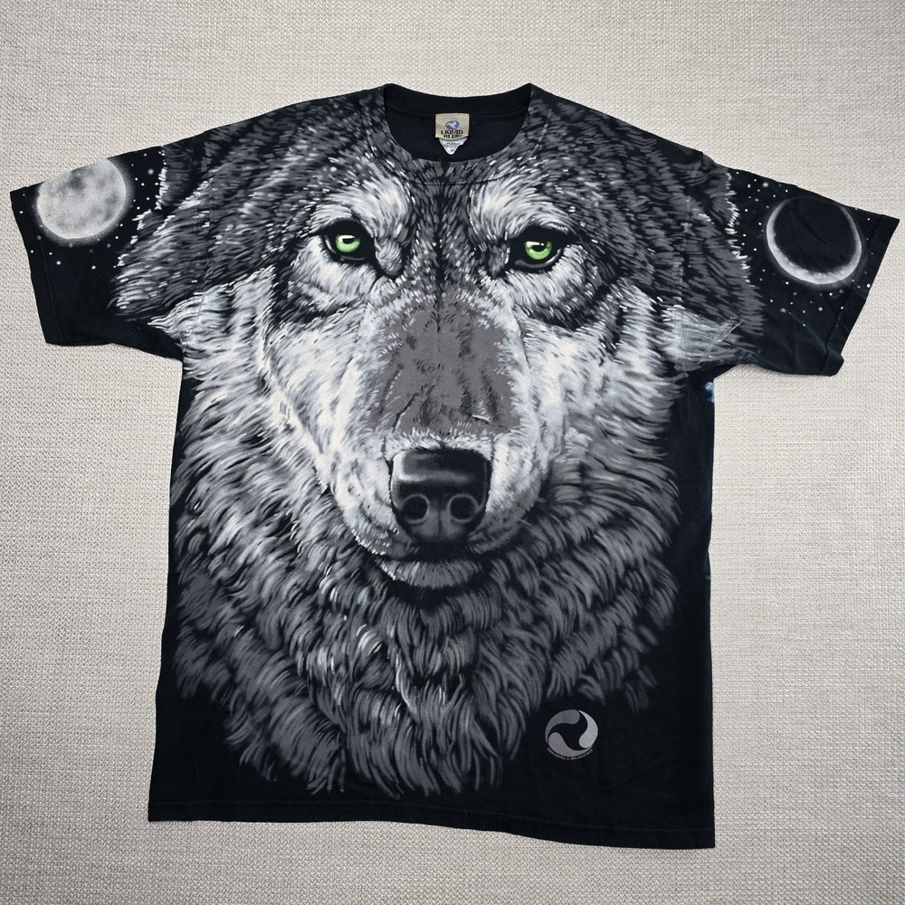 Vintage Liquid Blue Wolf Shirt Mens Size XL Black Short Sleeve John Connell READ